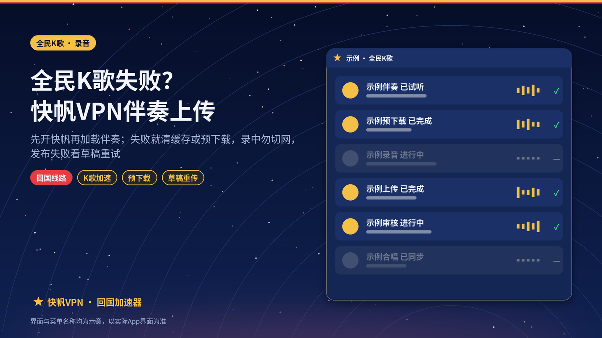 海外用快帆VPN用全民K歌录音上传：伴奏加载失败和作品发布失败的处理