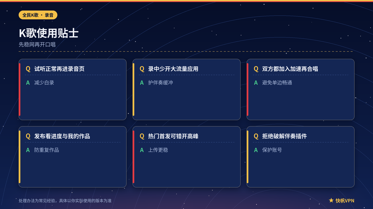 快帆VPN下全民K歌录音发布与账号安全提示